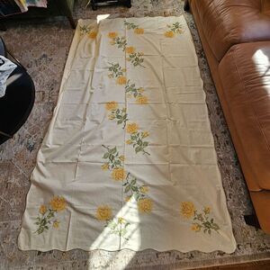 Vintage "Progress"  Cross Stiched Yellow Tailsmanrose 60 X 90 Oblong Tablecloth,